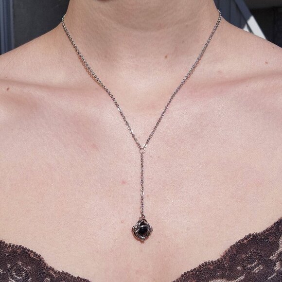 Vintage goth black obsidian and silver rosary necklace - Picture 2 of 7